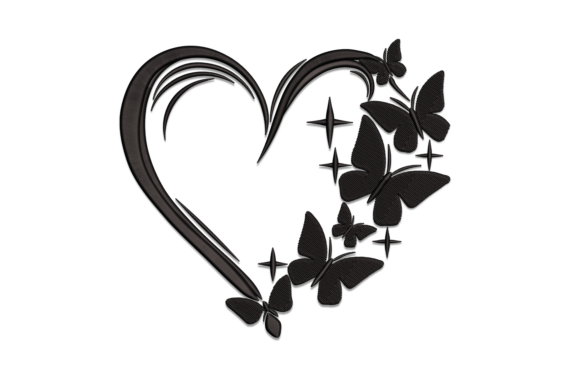 Single-colour black heart with butterfly wing embroidery design, satin fill wings on dense heart body, 5 sizes from 3.17 to 6.79 inches wide