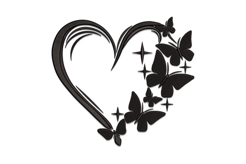 Single-colour black heart with butterfly wing embroidery design, satin fill wings on dense heart body, 5 sizes from 3.17 to 6.79 inches wide