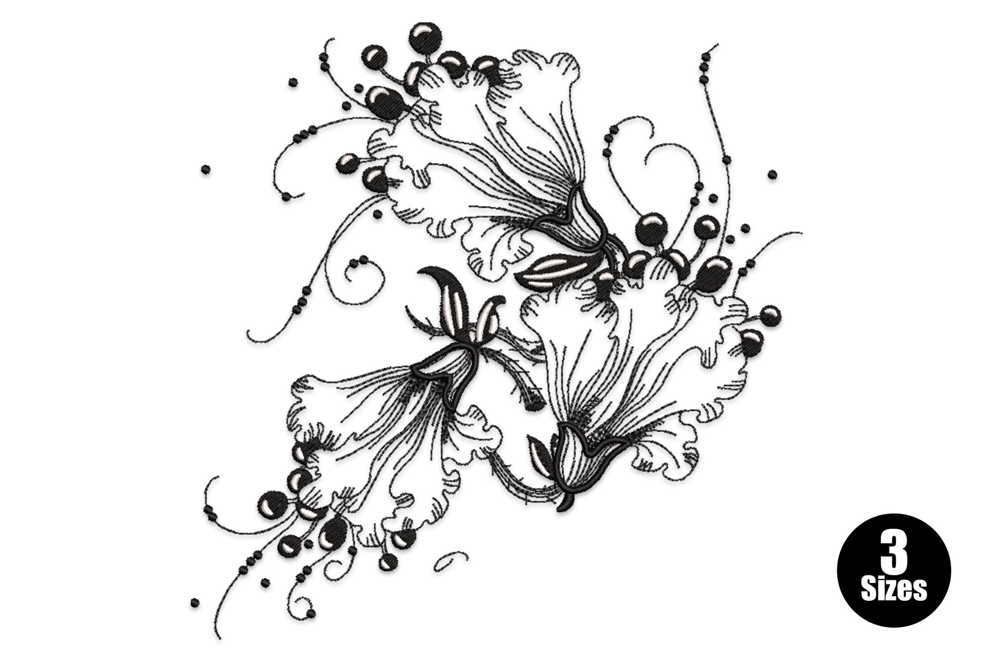 Black line art botanical flower embroidery design with lily-style blooms, round-tipped stamens and ruffled petals arranged in an open scattered cluster.
