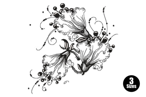 Black line art botanical flower embroidery design with lily-style blooms, round-tipped stamens and ruffled petals arranged in an open scattered cluster.