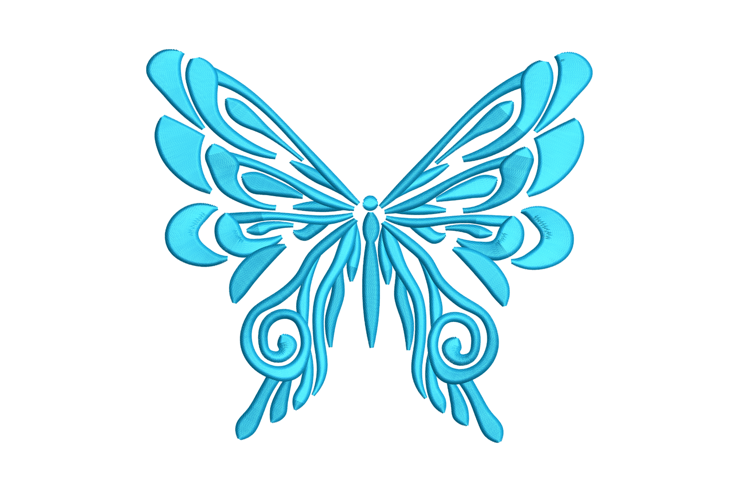Elegant blue butterfly machine embroidery design with tribal filigree wing panels and scroll curl tips, single cyan colour, 5 sizes