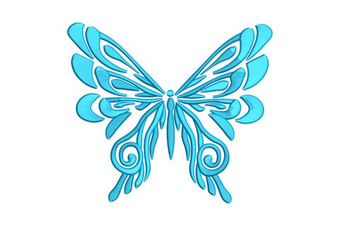 Elegant blue butterfly machine embroidery design with tribal filigree wing panels and scroll curl tips, single cyan colour, 5 sizes