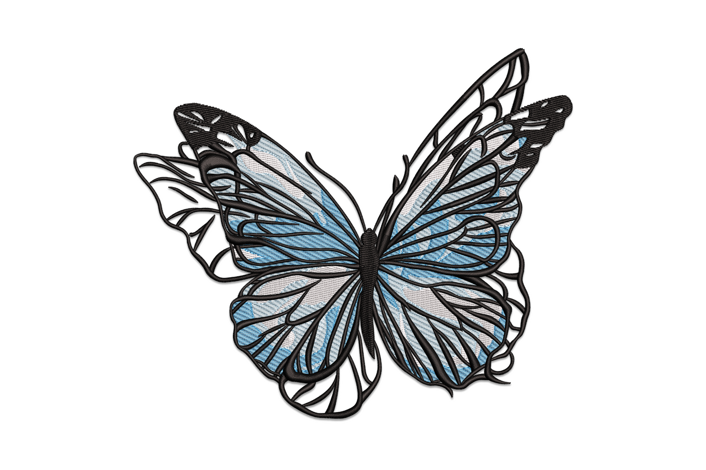 Elegant blue butterfly machine embroidery design showing symmetrical wings-open butterfly with cobalt-to-indigo gradient satin fill, fine black veining, and cream wing border, nature print style.
