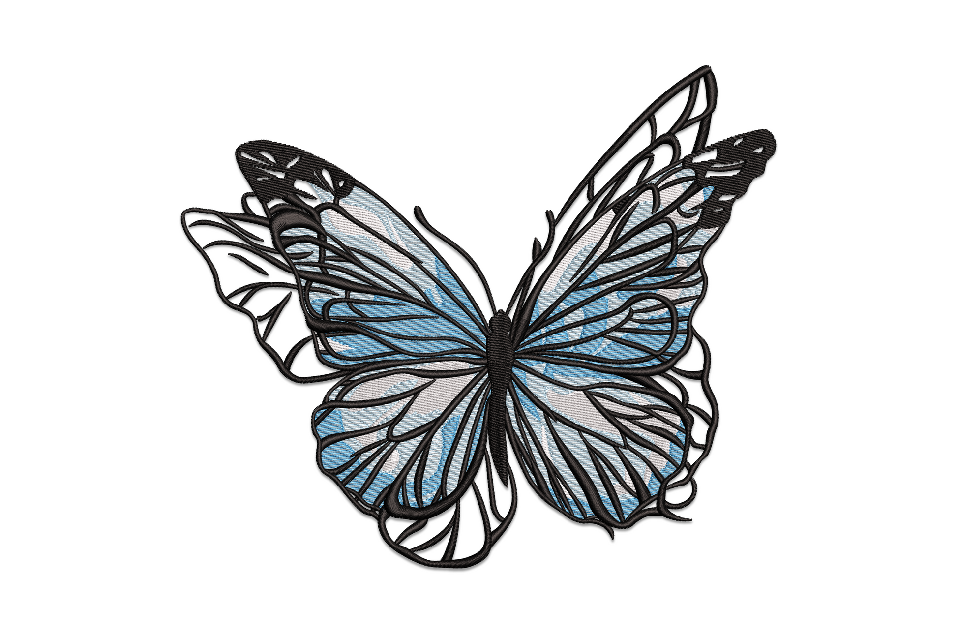 Elegant blue butterfly machine embroidery design showing symmetrical wings-open butterfly with cobalt-to-indigo gradient satin fill, fine black veining, and cream wing border, nature print style.