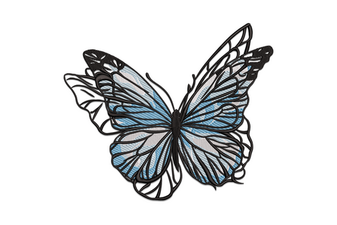 Elegant blue butterfly machine embroidery design showing symmetrical wings-open butterfly with cobalt-to-indigo gradient satin fill, fine black veining, and cream wing border, nature print style.
