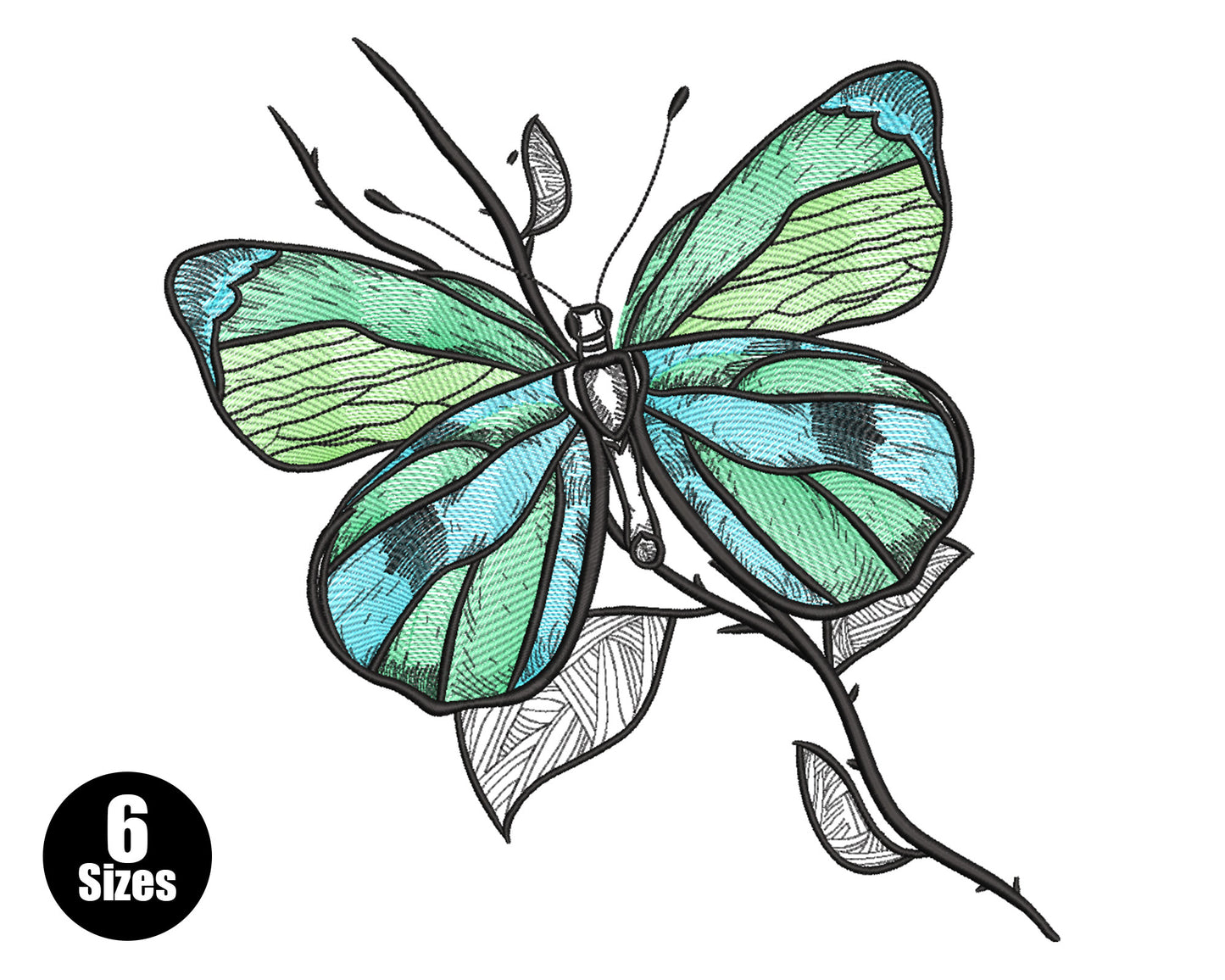 Elegant blue-green butterfly embroidery design with detailed wing veins, ink-black hatching and a bare branch in botanical illustration style.
