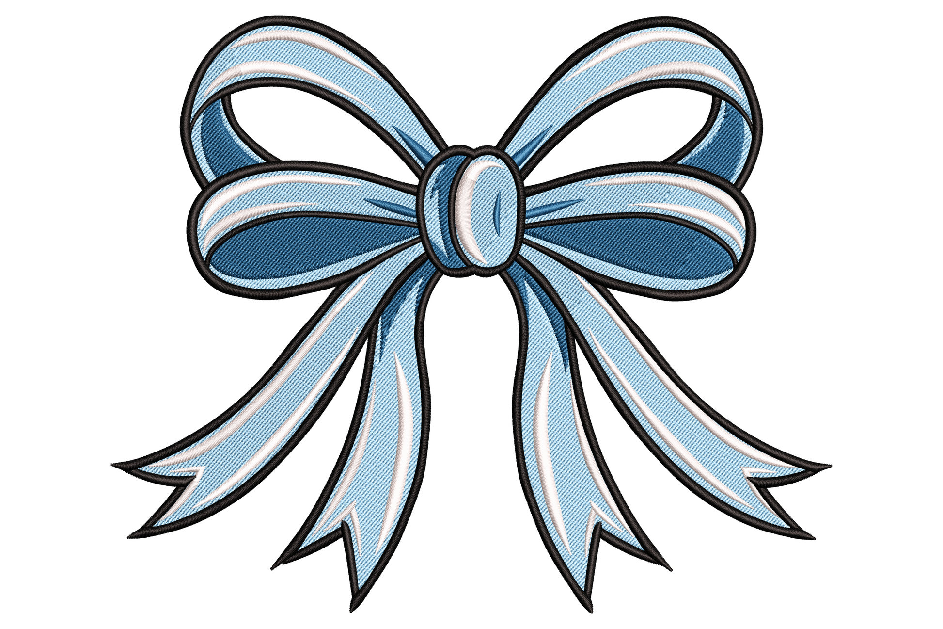 Machine embroidery design of an elegant ribbon bow with cobalt blue fill and ivory satin diagonal highlight bands on each wing, 4 colours, on white linen