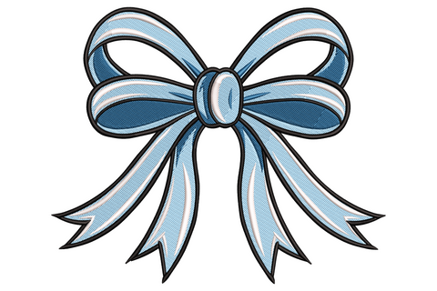 Machine embroidery design of an elegant ribbon bow with cobalt blue fill and ivory satin diagonal highlight bands on each wing, 4 colours, on white linen