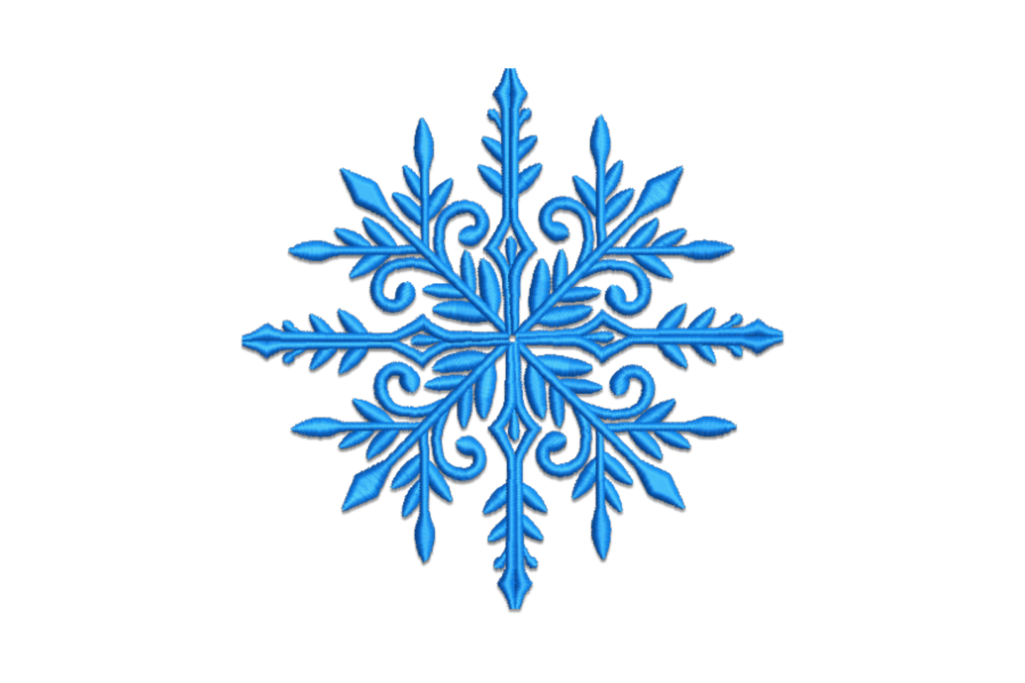 Elegant blue snowflake machine embroidery design, ornate curling fronds and leaf-tip spurs, single cornflower blue thread