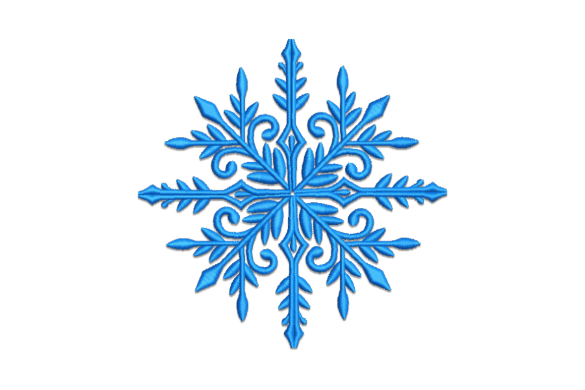 Elegant blue snowflake machine embroidery design, ornate curling fronds and leaf-tip spurs, single cornflower blue thread
