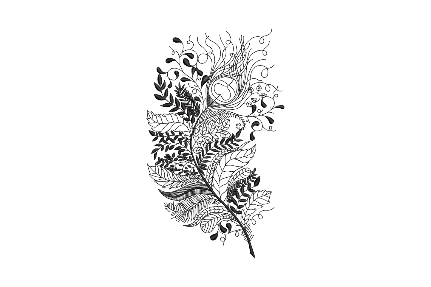 Botanical line art shaped like a tall feather, ferns curling tendrils seed pods, single black thread vertical design.
