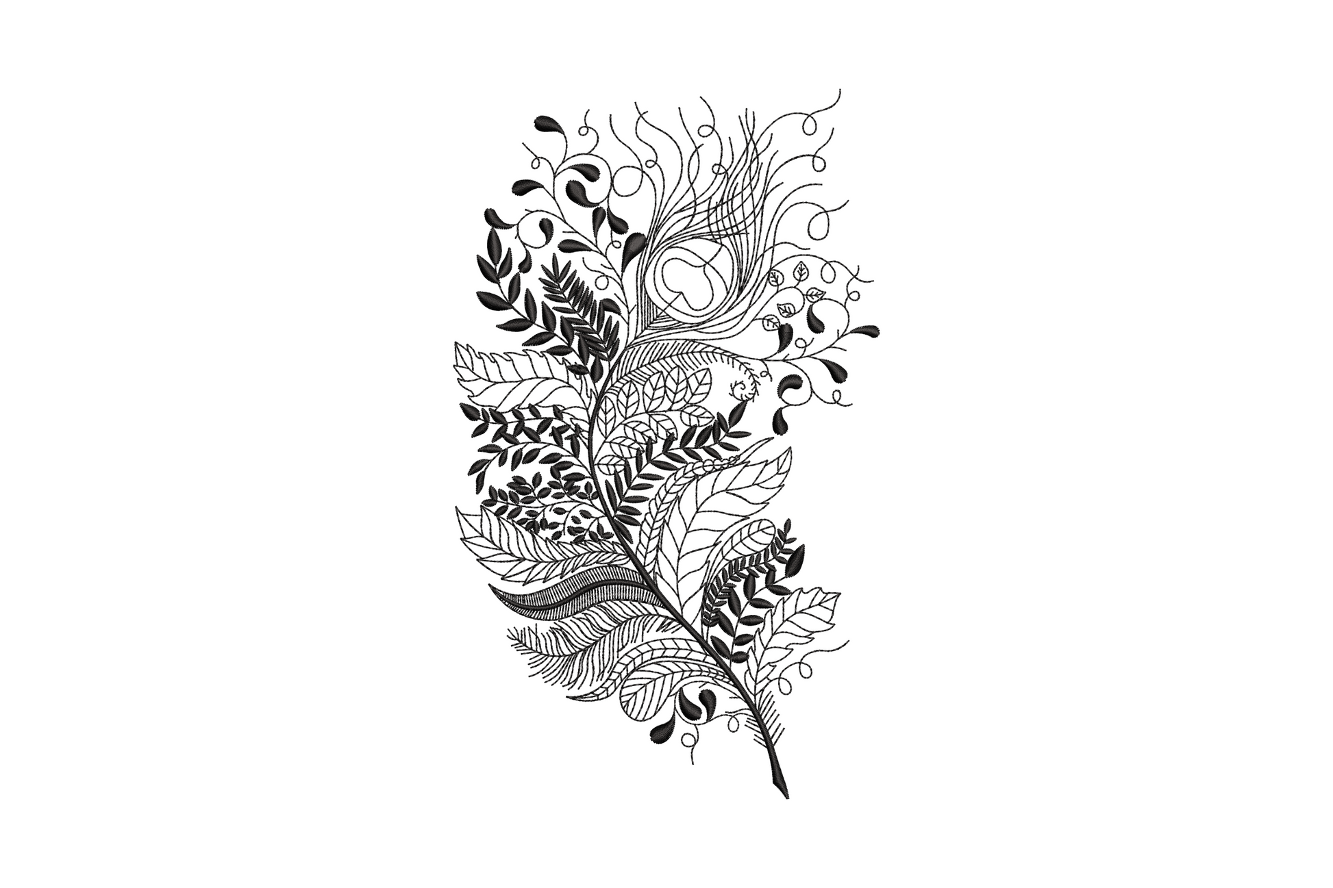 Botanical line art shaped like a tall feather, ferns curling tendrils seed pods, single black thread vertical design.