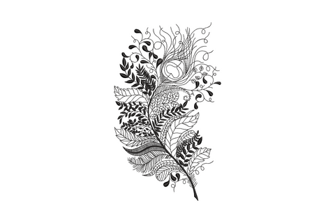 Botanical line art shaped like a tall feather, ferns curling tendrils seed pods, single black thread vertical design.