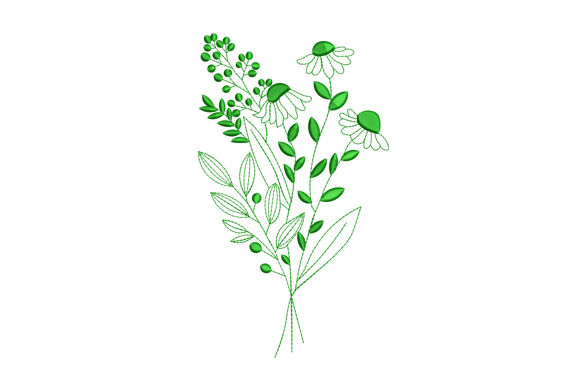 Green botanical wildflower bouquet embroidery with queen anne lace, coneflowers, and broad leaf stems