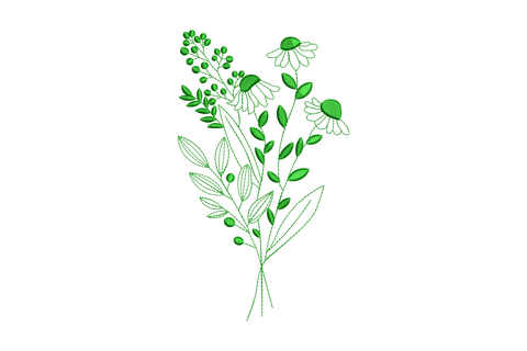 Green botanical wildflower bouquet embroidery with queen anne lace, coneflowers, and broad leaf stems