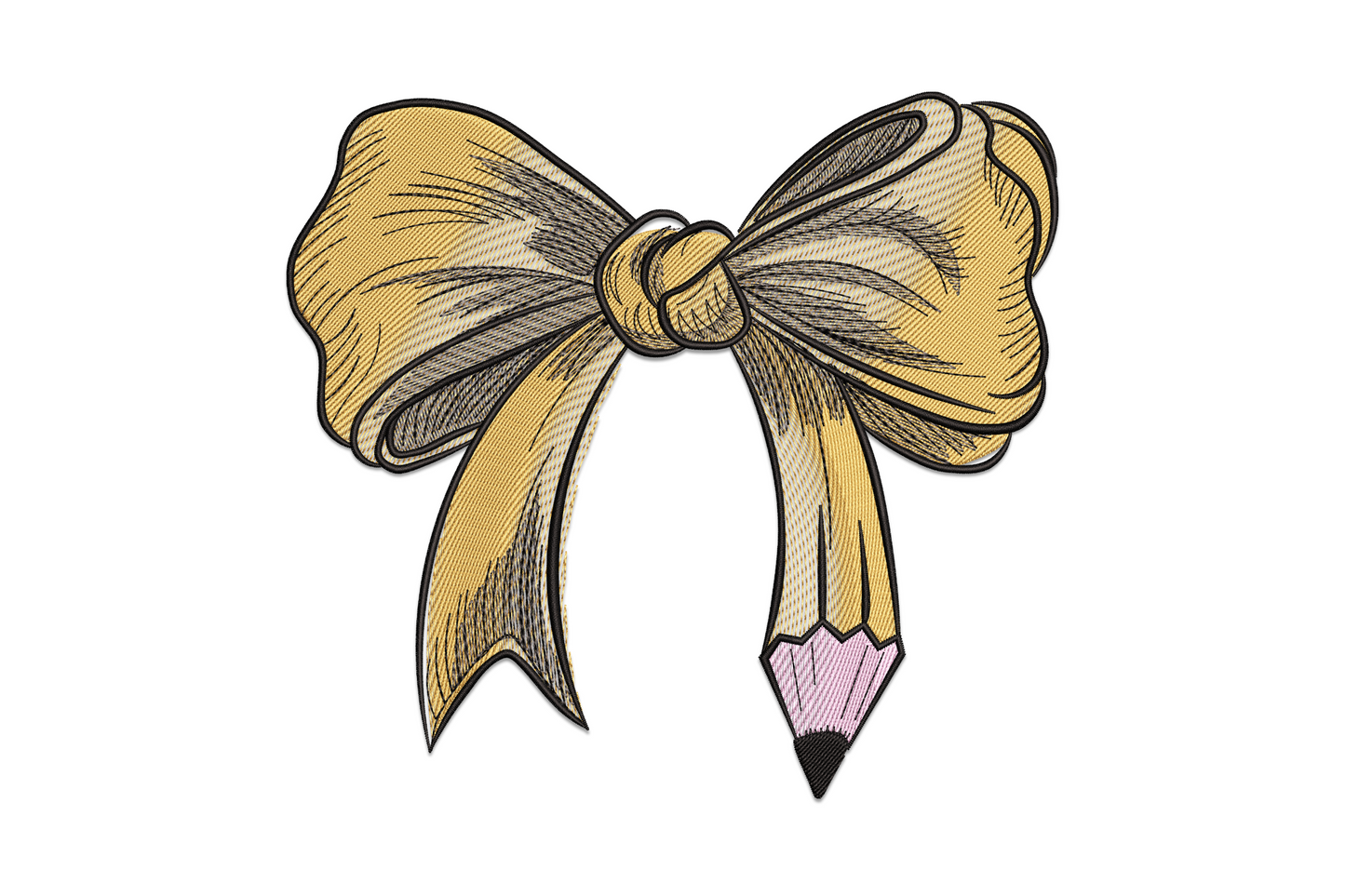Elegant bow with pencil embroidery design in blush pink and warm yellow, large satin bow tied around pencil centre