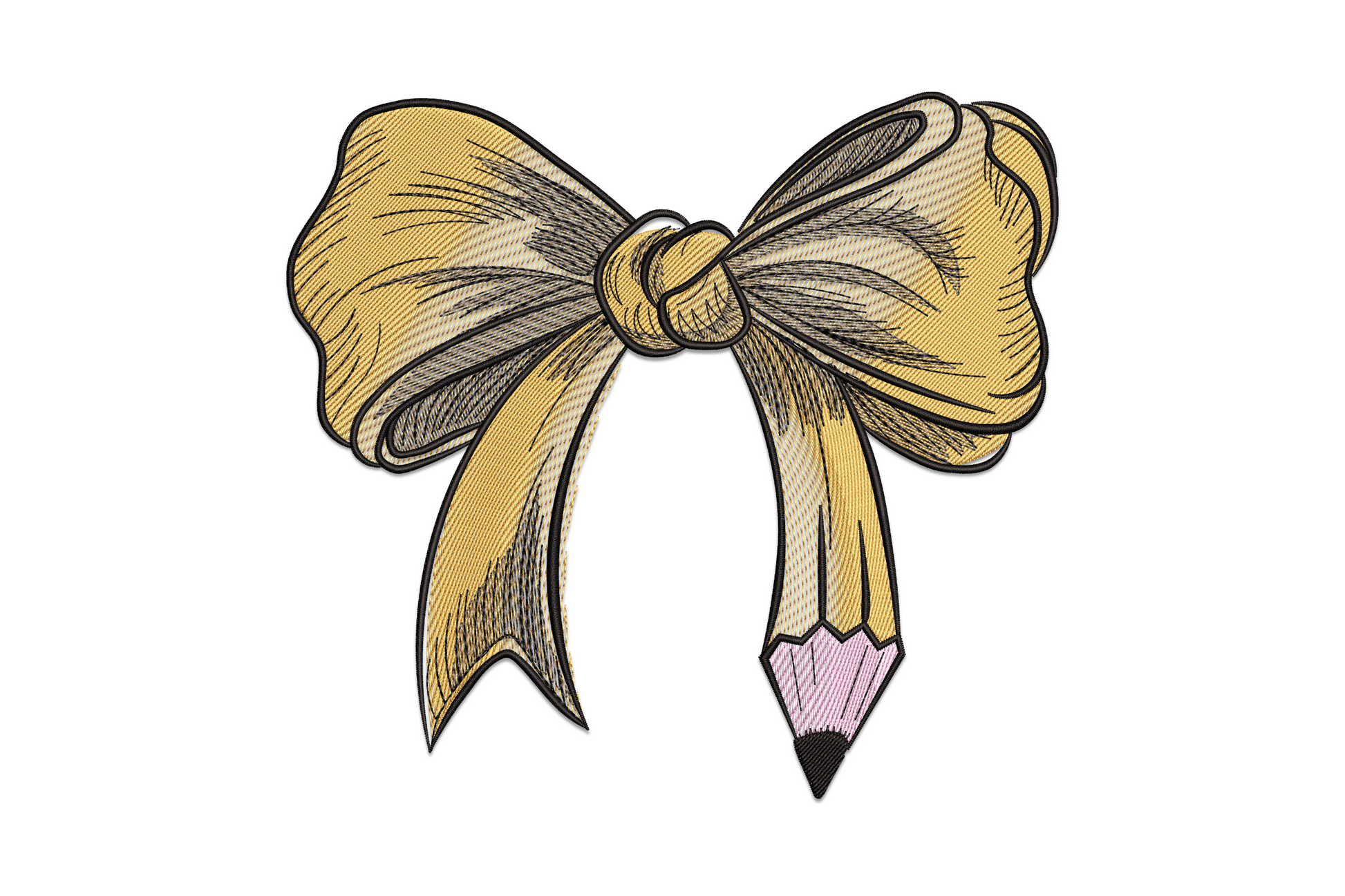 Elegant bow with pencil embroidery design in blush pink and warm yellow, large satin bow tied around pencil centre