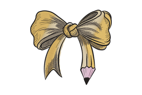 Elegant bow with pencil embroidery design in blush pink and warm yellow, large satin bow tied around pencil centre