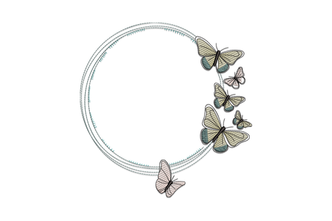 Elegant butterfly circle frame embroidery with leaf and dot border, fine satin wings, 5 thread colours on natural linen fabric