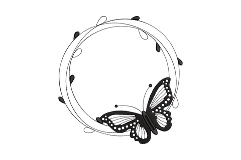 Machine embroidery circle monogram frame with thin ring, teardrop accents, and large satin butterfly at bottom right, single color, open center