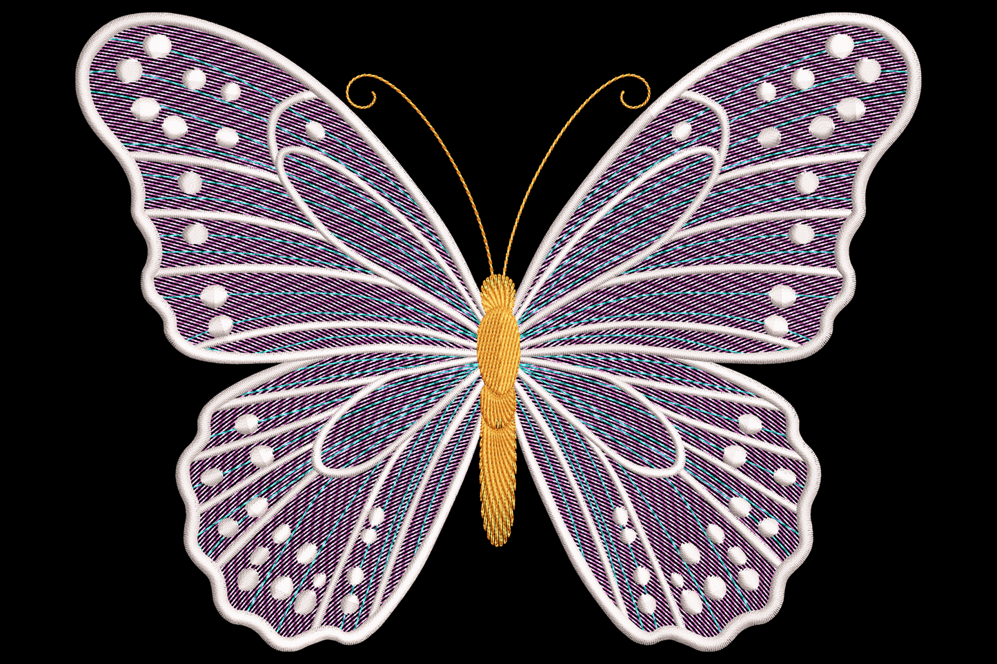 Symmetrical ornate butterfly embroidery with wide spread wings in purple to blue gradient, scrolling decorative shapes along edges, slim black body and curving antennae centred.