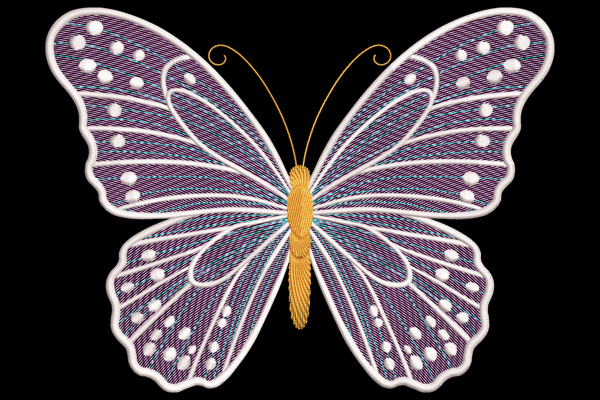 Symmetrical ornate butterfly embroidery with wide spread wings in purple to blue gradient, scrolling decorative shapes along edges, slim black body and curving antennae centred.