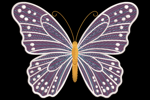 Symmetrical ornate butterfly embroidery with wide spread wings in purple to blue gradient, scrolling decorative shapes along edges, slim black body and curving antennae centred.