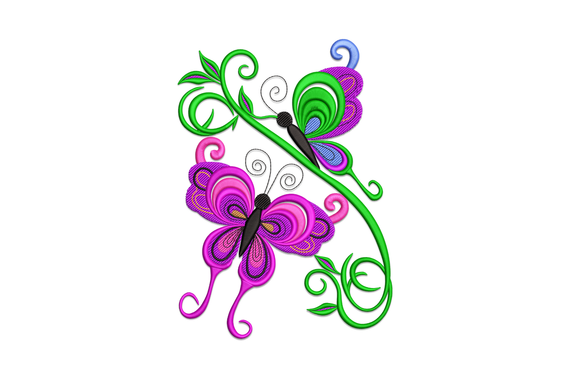 Elegant butterfly floral embroidery design with purple and magenta wings and dark green vine scrolls.
