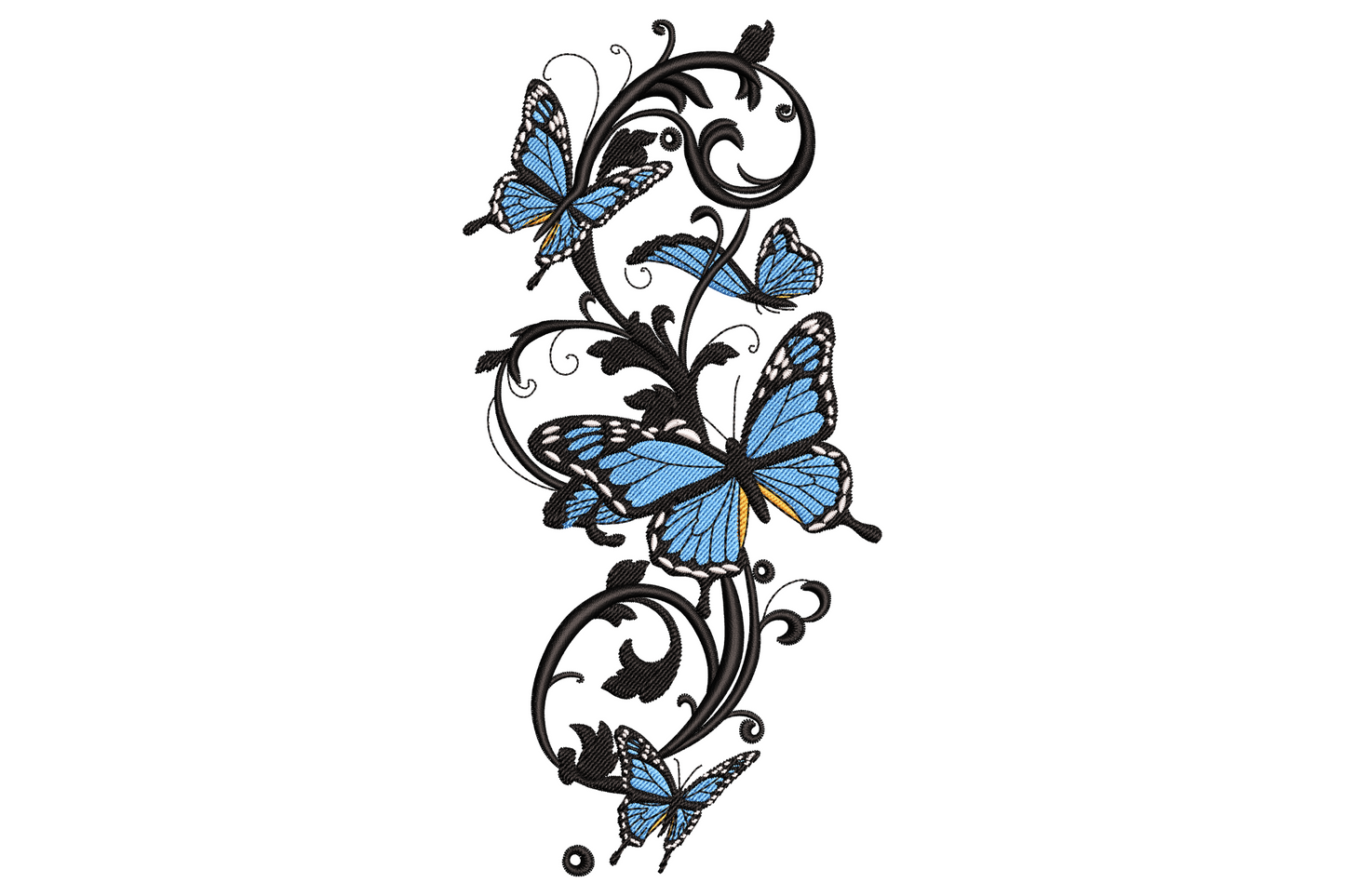 Elegant butterfly on floral vine embroidery design with lavender wings, sage green vine and dusty rose blooms on cream linen.