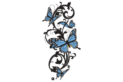 Elegant butterfly on floral vine embroidery design with lavender wings, sage green vine and dusty rose blooms on cream linen.