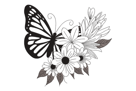Elegant butterfly flower embroidery design with solid black monarch butterfly wing on open outline daisy flowers, monochrome black and white.