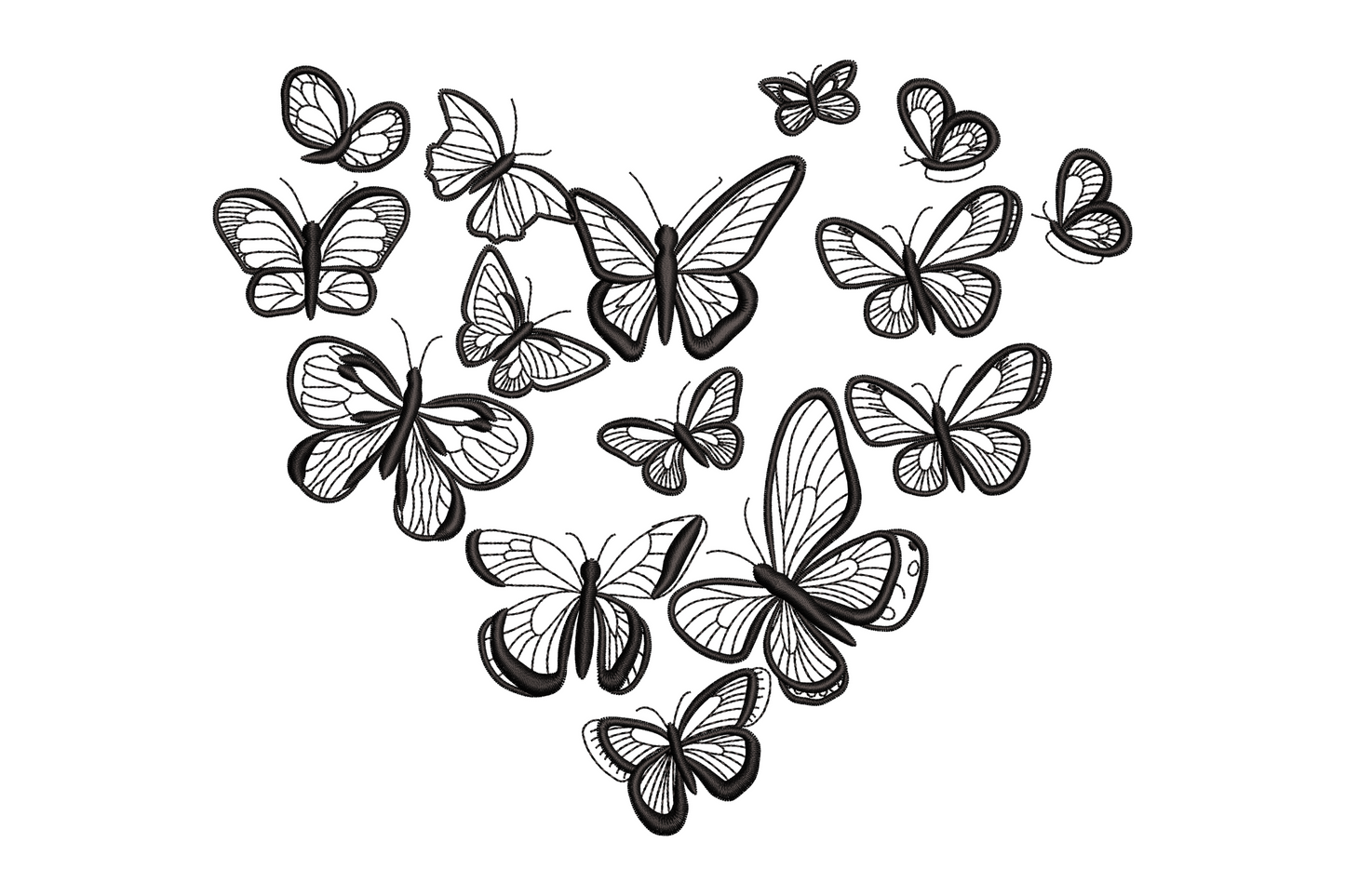 Butterfly heart embroidery design, 20 detailed butterflies in a heart shape, black thread, 8 sizes