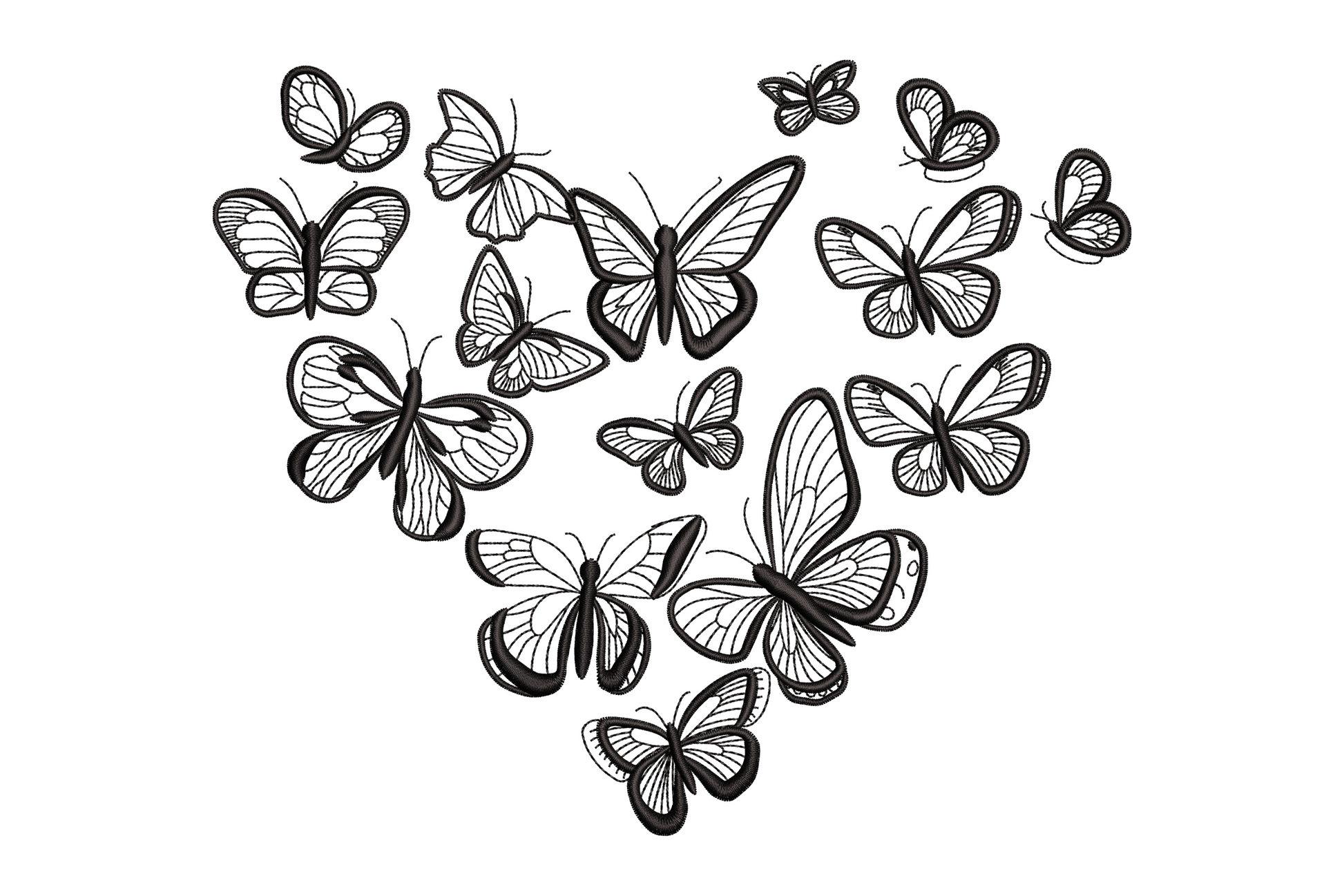 Butterfly heart embroidery design, 20 detailed butterflies in a heart shape, black thread, 8 sizes