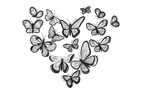 Butterfly heart embroidery design, 20 detailed butterflies in a heart shape, black thread, 8 sizes