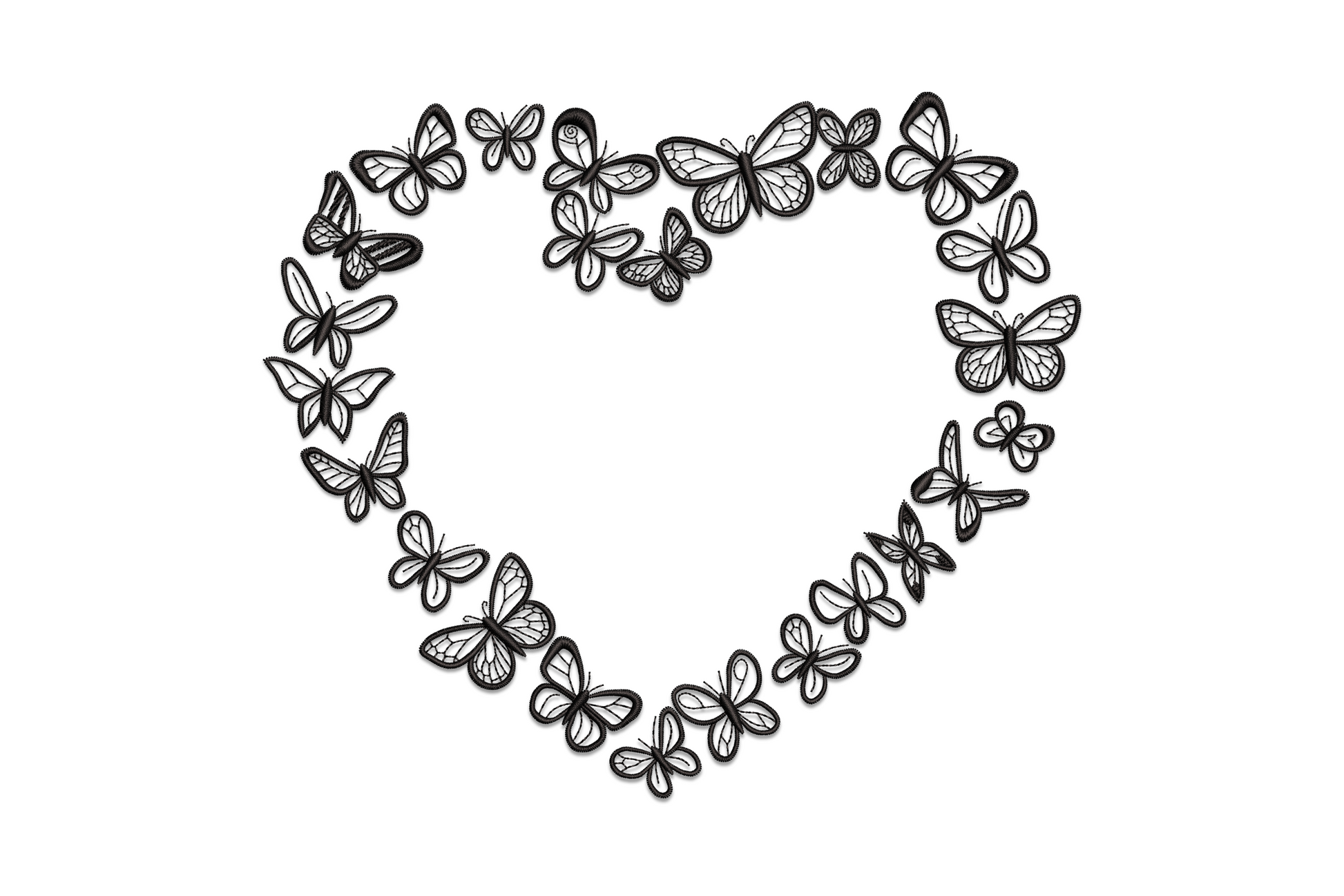 Butterfly heart outline embroidery design with individual butterflies forming a heart shape, black thread, detailed wing stitching.