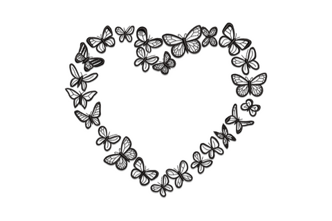 Butterfly heart outline embroidery design with individual butterflies forming a heart shape, black thread, detailed wing stitching.