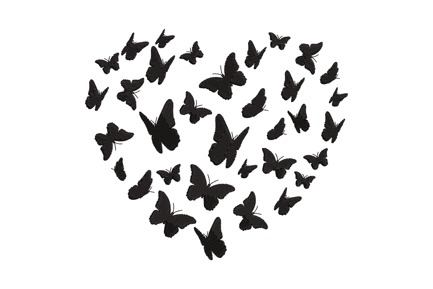 Elegant butterfly love shape embroidery design, black butterfly silhouettes arranged into a heart shape, single colour monochrome