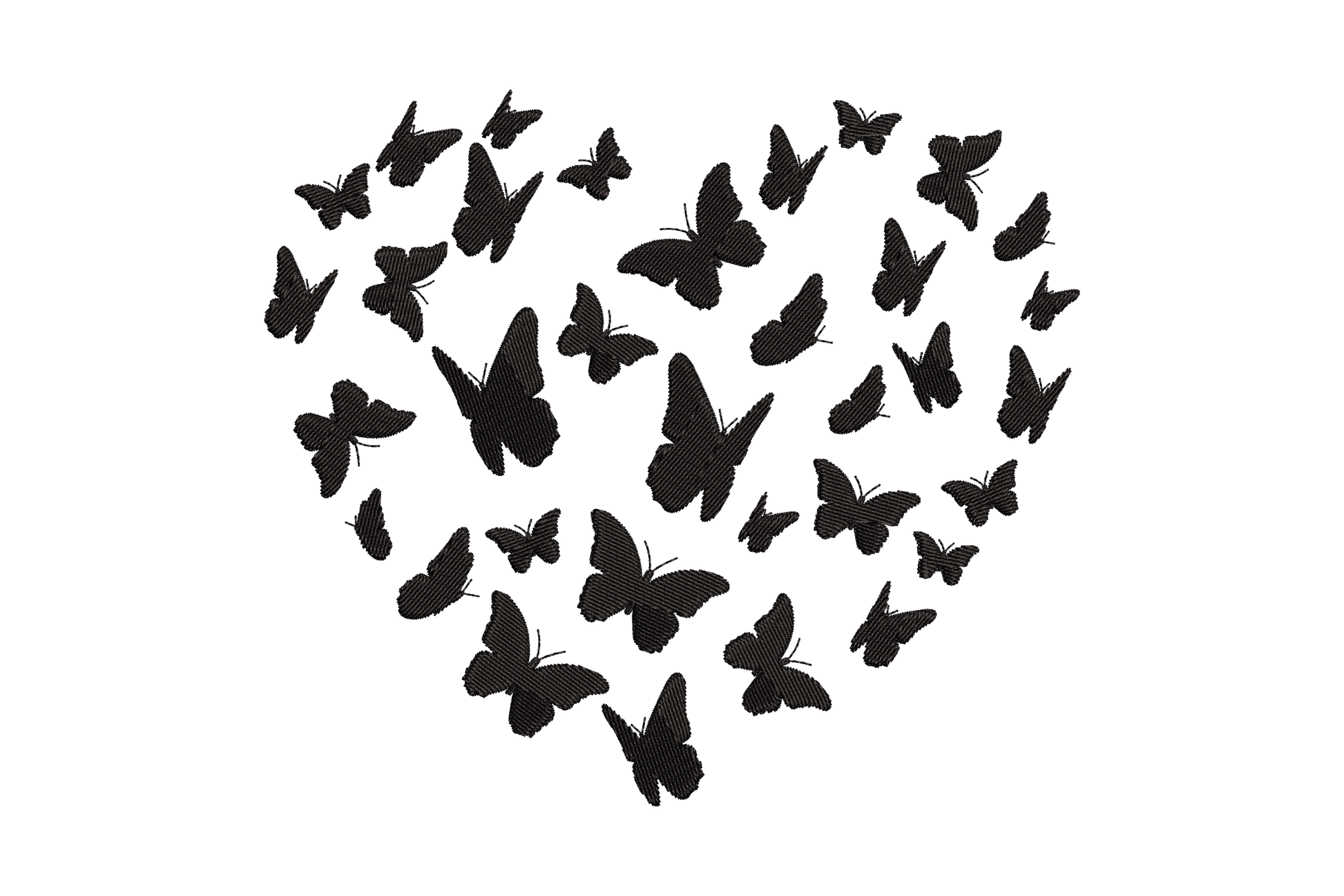 Elegant butterfly love shape embroidery design, black butterfly silhouettes arranged into a heart shape, single colour monochrome