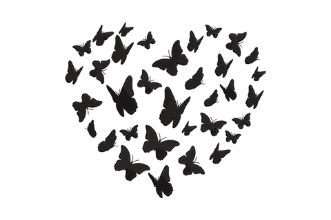Elegant butterfly love shape embroidery design, black butterfly silhouettes arranged into a heart shape, single colour monochrome