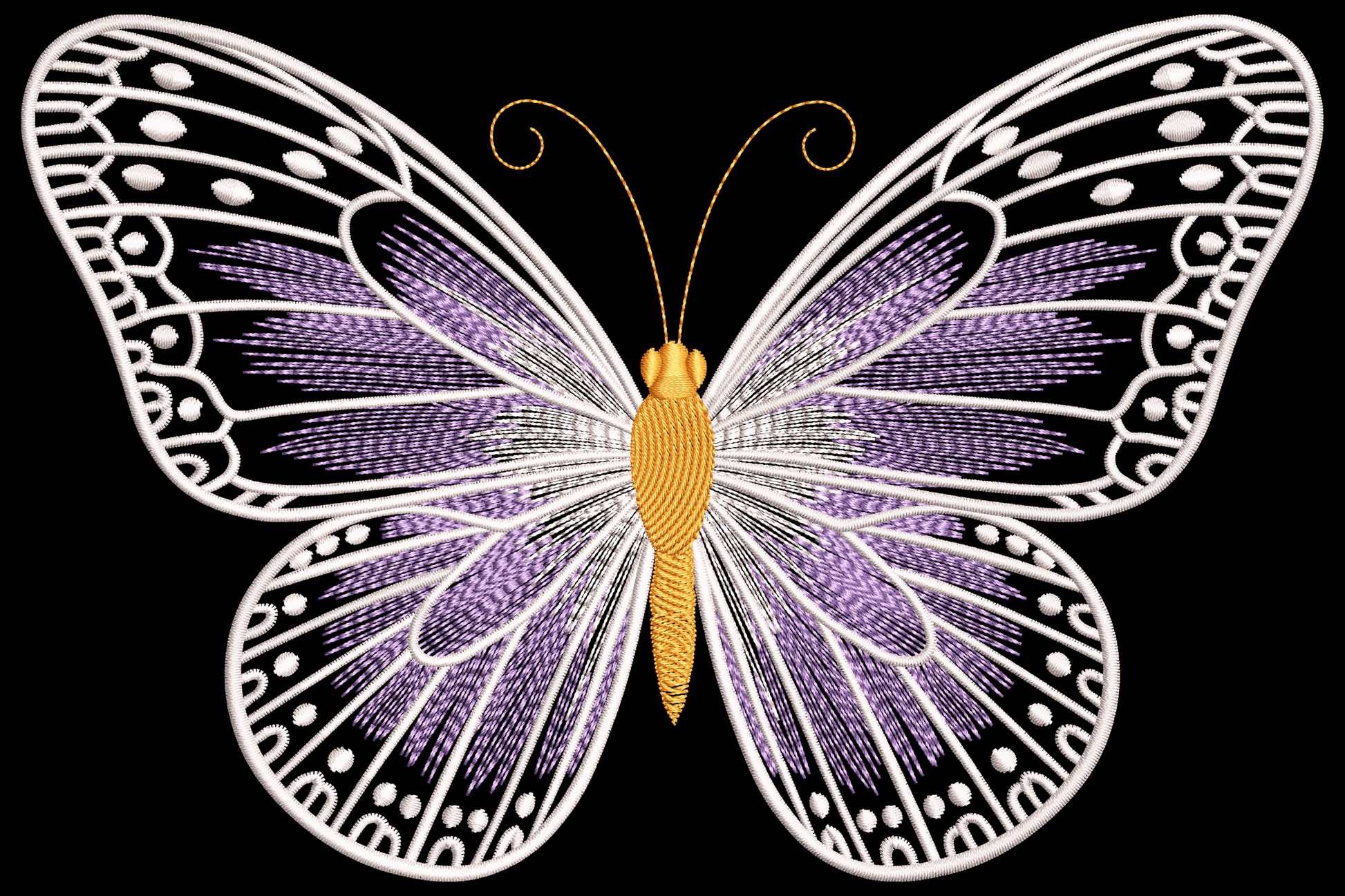 Elegant butterfly embroidery with dusty mauve wing fills, ivory highlights, and fine charcoal vein satin detail lines.