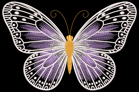 Elegant butterfly embroidery with dusty mauve wing fills, ivory highlights, and fine charcoal vein satin detail lines.