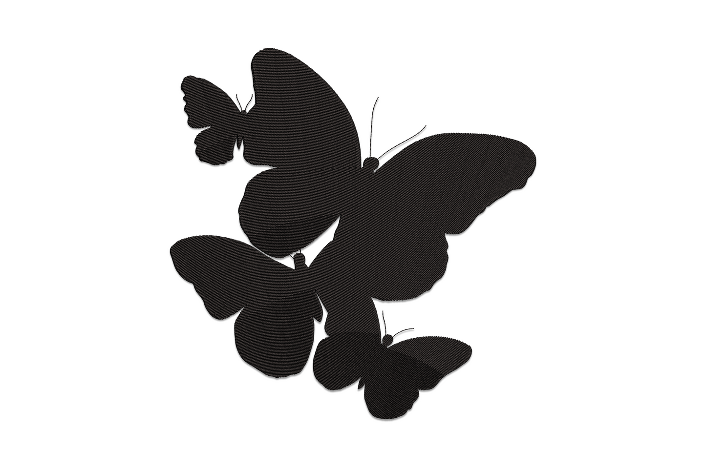 Three black butterfly silhouettes in a stacked cluster, solid satin fill embroidery design on white background.
