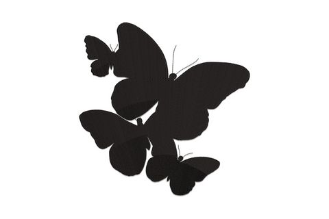 Three black butterfly silhouettes in a stacked cluster, solid satin fill embroidery design on white background.