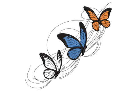 Elegant butterfly trio embroidery with blue, orange and black-white butterflies in ascending diagonal flight with swirl line detail.