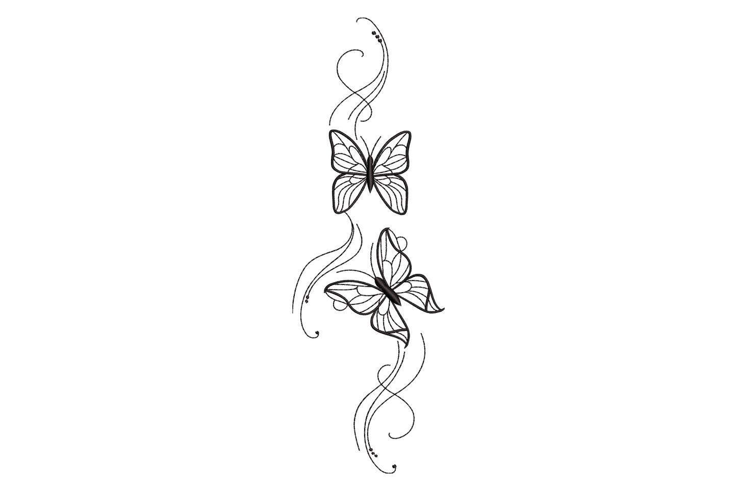 Elegant butterfly vine embroidery with 2 black outline butterflies on a curling scroll vine, delicate fine line art design.