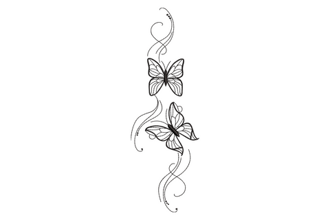 Elegant butterfly vine embroidery with 2 black outline butterflies on a curling scroll vine, delicate fine line art design.