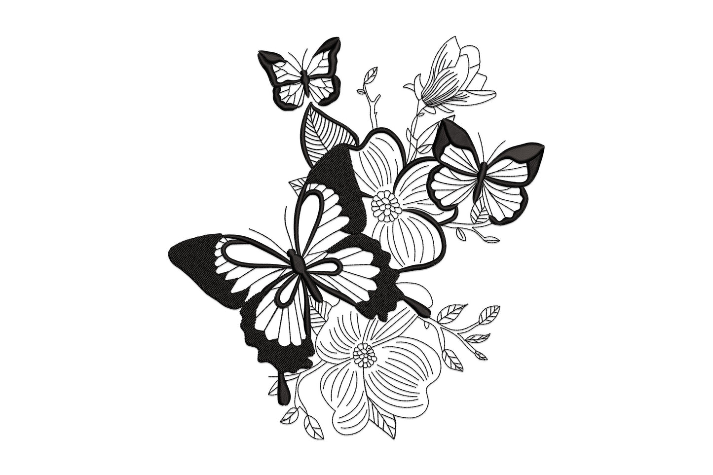 Single-colour butterfly and flower embroidery spray with one large filled swallowtail, two outline butterflies and four open dogwood blooms with leaf sprigs.