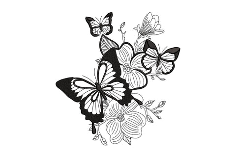 Single-colour butterfly and flower embroidery spray with one large filled swallowtail, two outline butterflies and four open dogwood blooms with leaf sprigs.