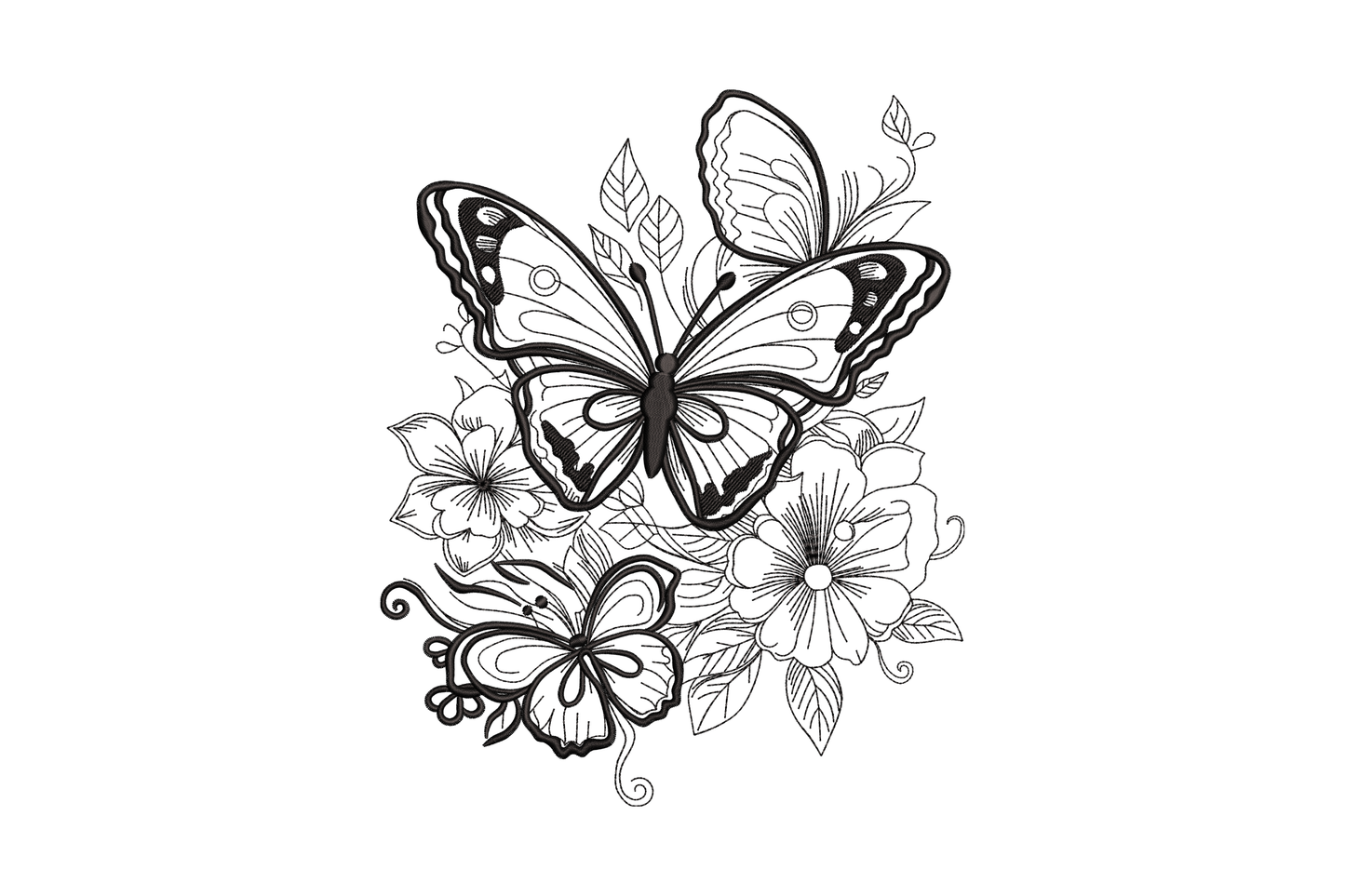 Two swallowtail butterflies with hibiscus flowers blackwork embroidery, bold black satin linework, botanical style.