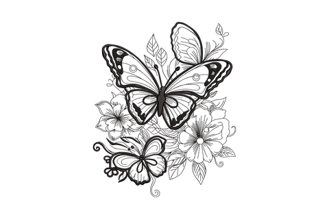Two swallowtail butterflies with hibiscus flowers blackwork embroidery, bold black satin linework, botanical style.